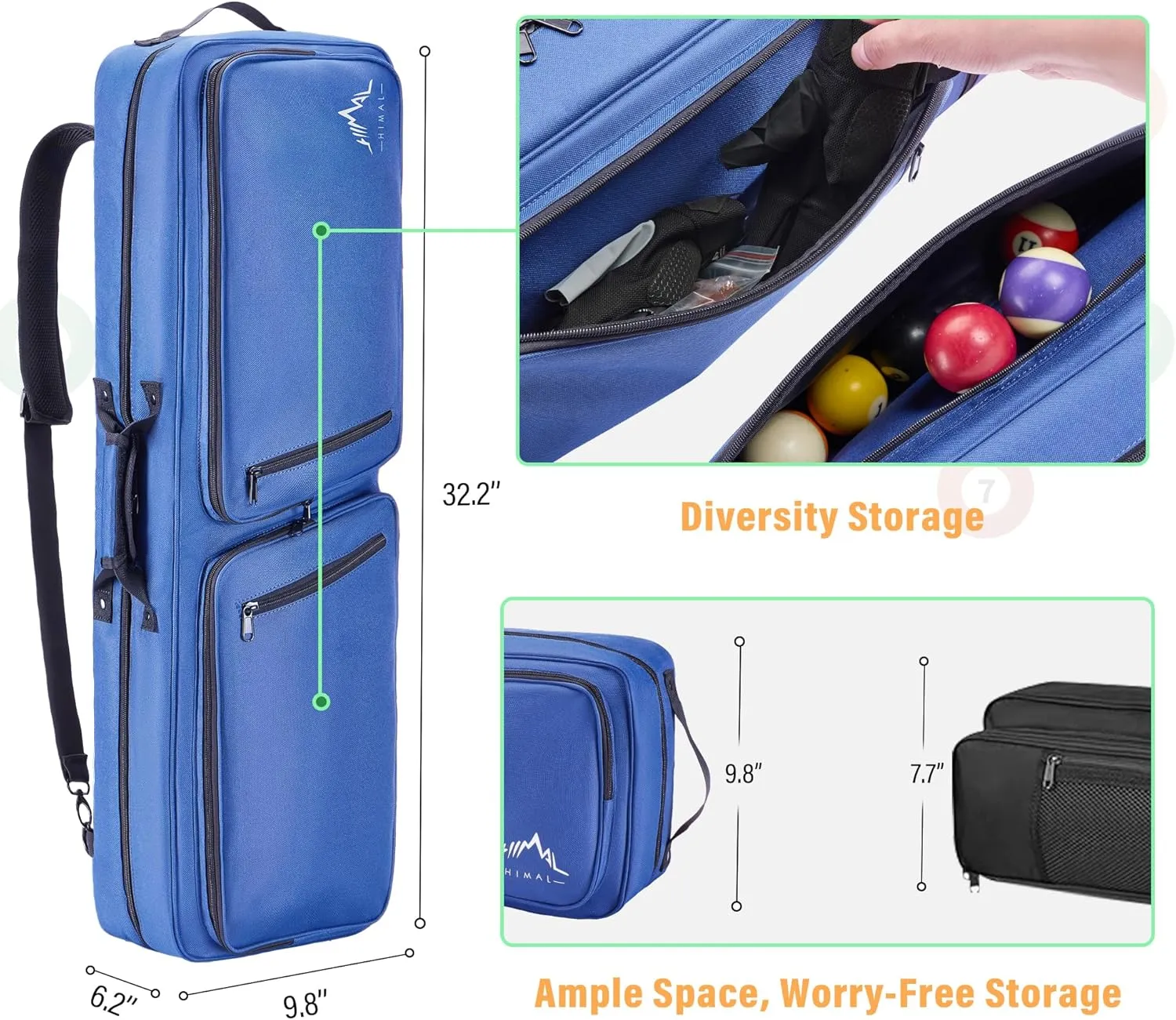 4x4 Pool Cue Case, Soft Padded Pool Stick Case with Adjustable Shoulder Straps, Includes 2 Large Accessories Pockets