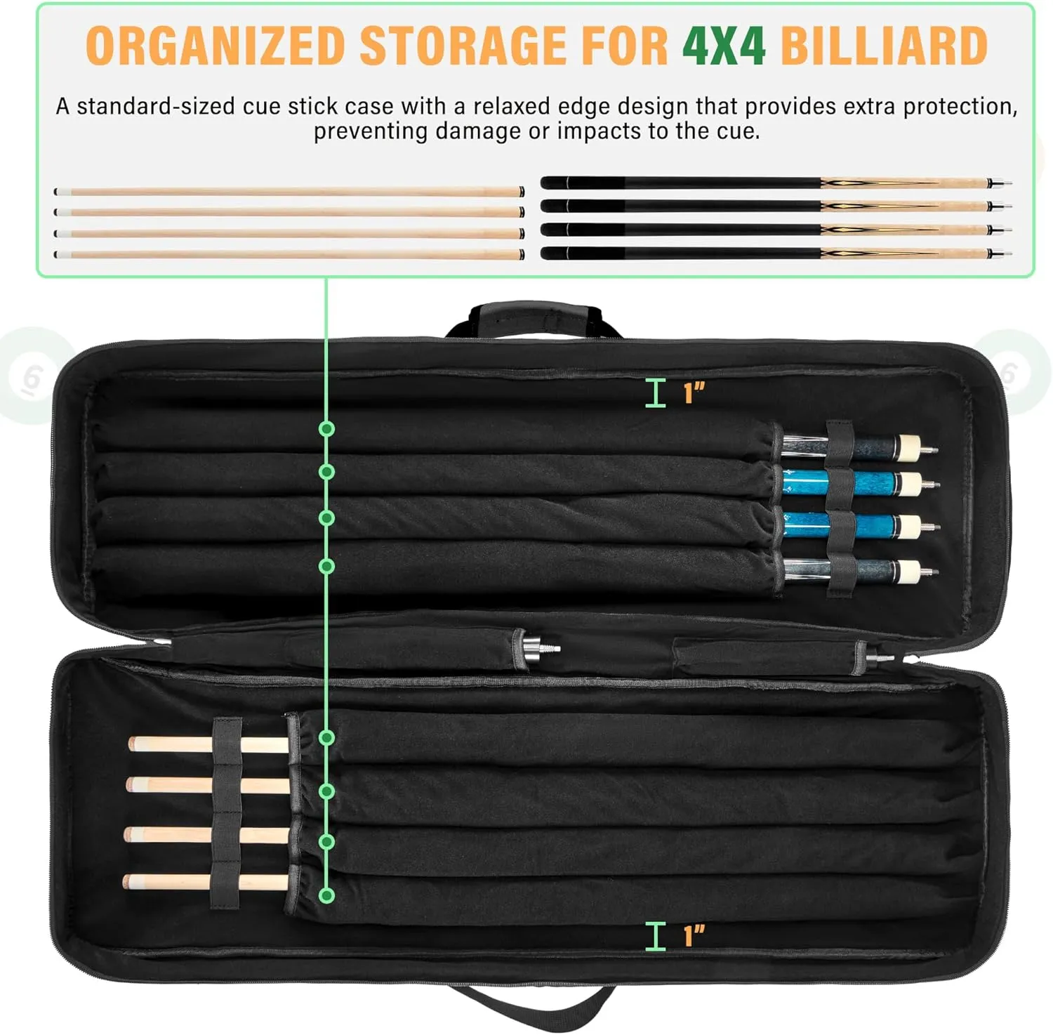 4x4 Pool Cue Case, Soft Padded Pool Stick Case with Adjustable Shoulder Straps, Includes 2 Large Accessories Pockets