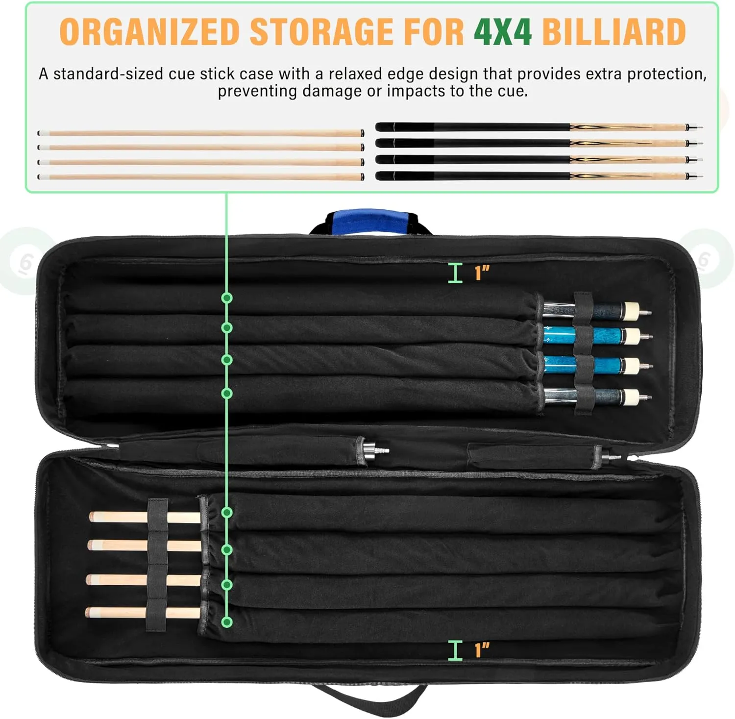 4x4 Pool Cue Case, Soft Padded Pool Stick Case with Adjustable Shoulder Straps, Includes 2 Large Accessories Pockets