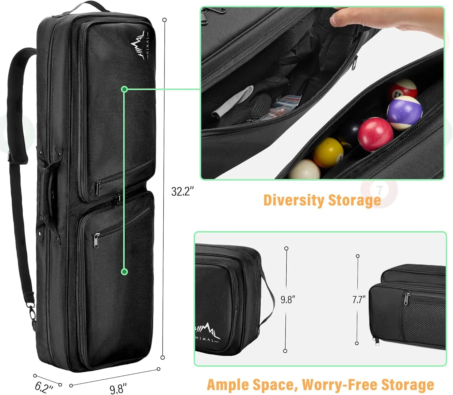 4x4 Pool Cue Case, Soft Padded Pool Stick Case with Adjustable Shoulder Straps, Includes 2 Large Accessories Pockets