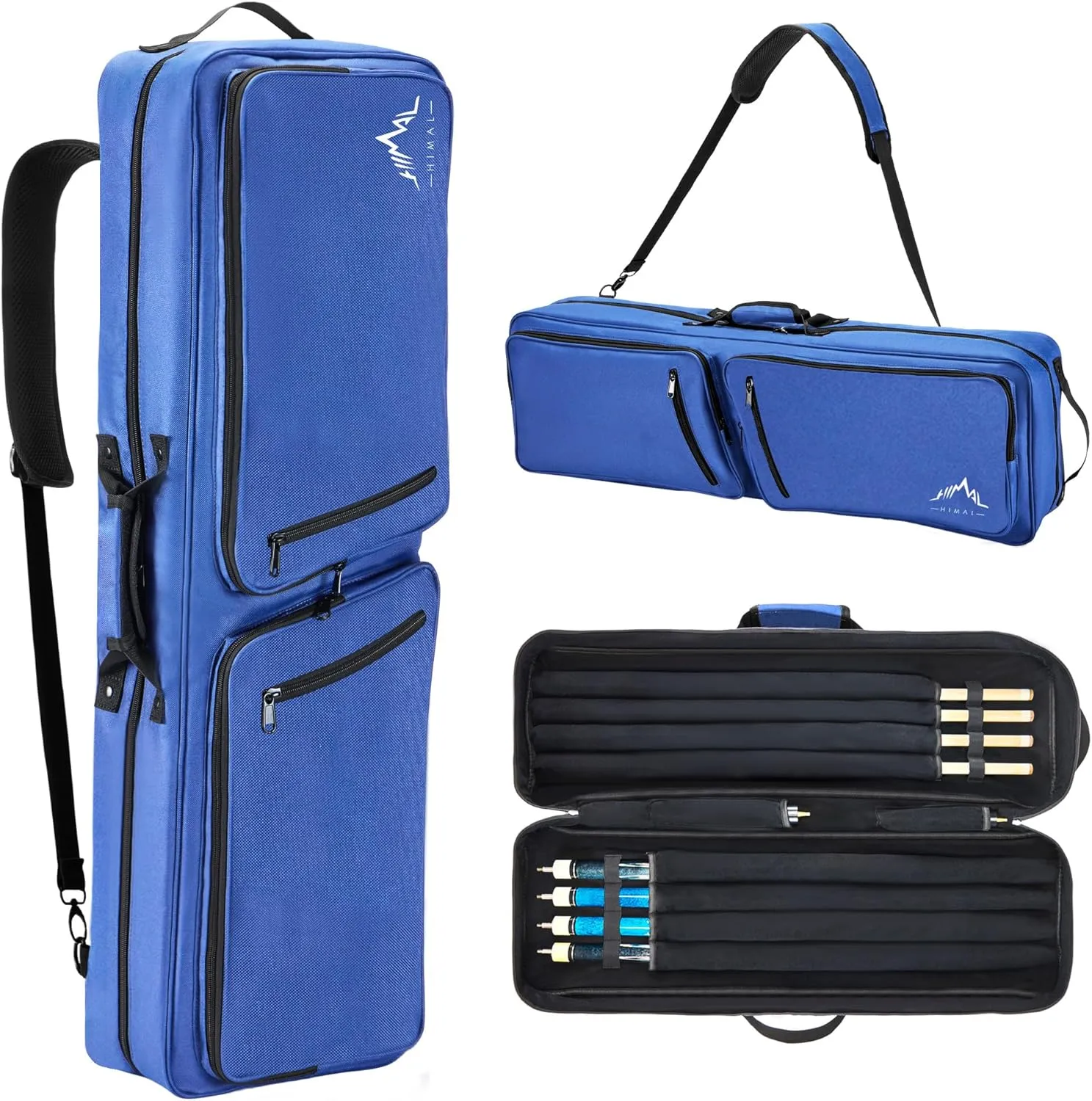 4x4 Pool Cue Case, Soft Padded Pool Stick Case with Adjustable Shoulder Straps, Includes 2 Large Accessories Pockets