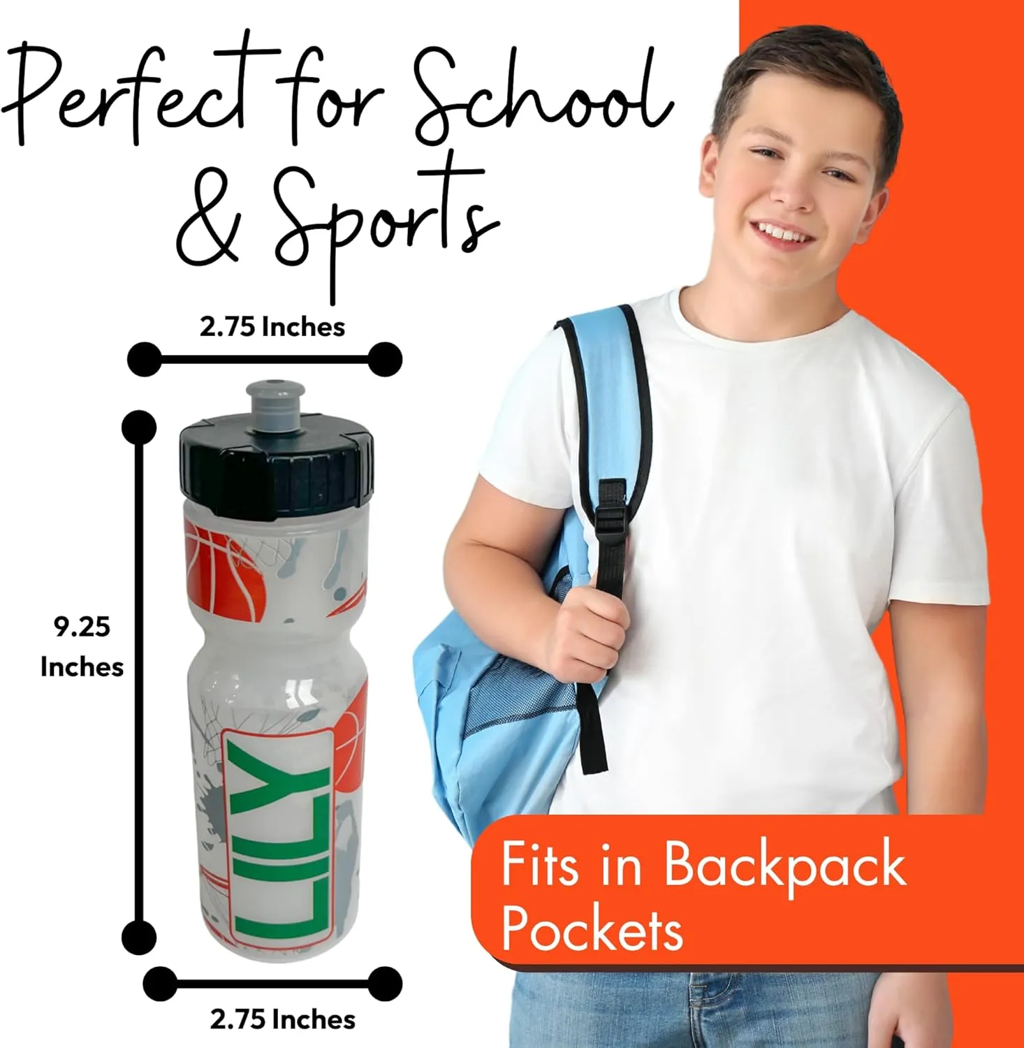50 Strong 22oz Kids Personalized Basketball Squeeze Water Bottle – BPA-Free with Pull Top Cap – Durable & Reusable for School, Boys & Girls – Made in USA – Custom Name, Team or Number