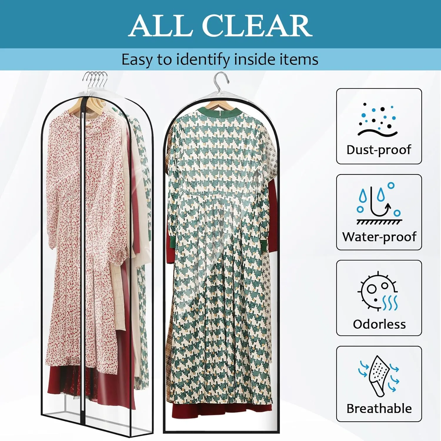 60" All Clear Dress Bags for Gowns Long, 4" Gusseted Garment Bags for Hanging Clothes, Womens Dress Garment Bag with Zipper for Skirts, Wedding Dresses, Winter Fur Coats, 4 Packs