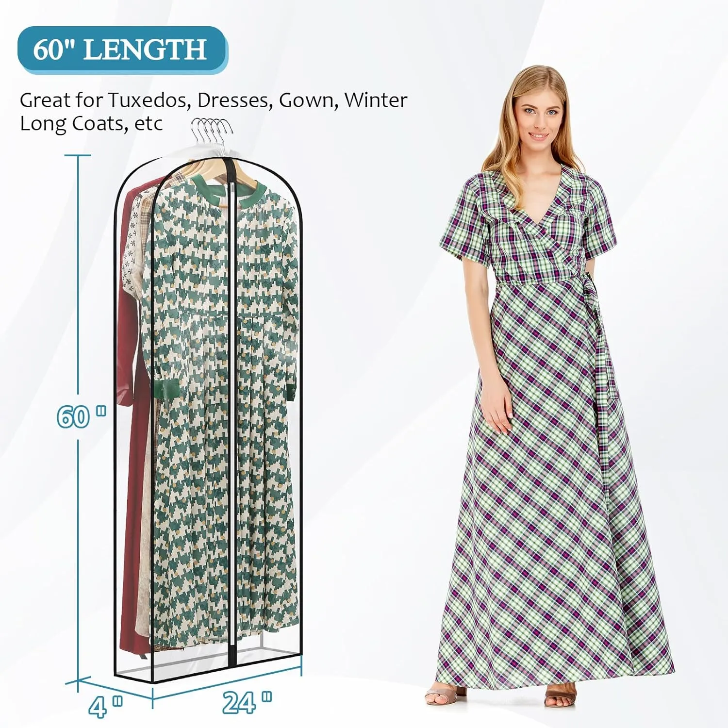 60" All Clear Dress Bags for Gowns Long, 4" Gusseted Garment Bags for Hanging Clothes, Womens Dress Garment Bag with Zipper for Skirts, Wedding Dresses, Winter Fur Coats, 4 Packs