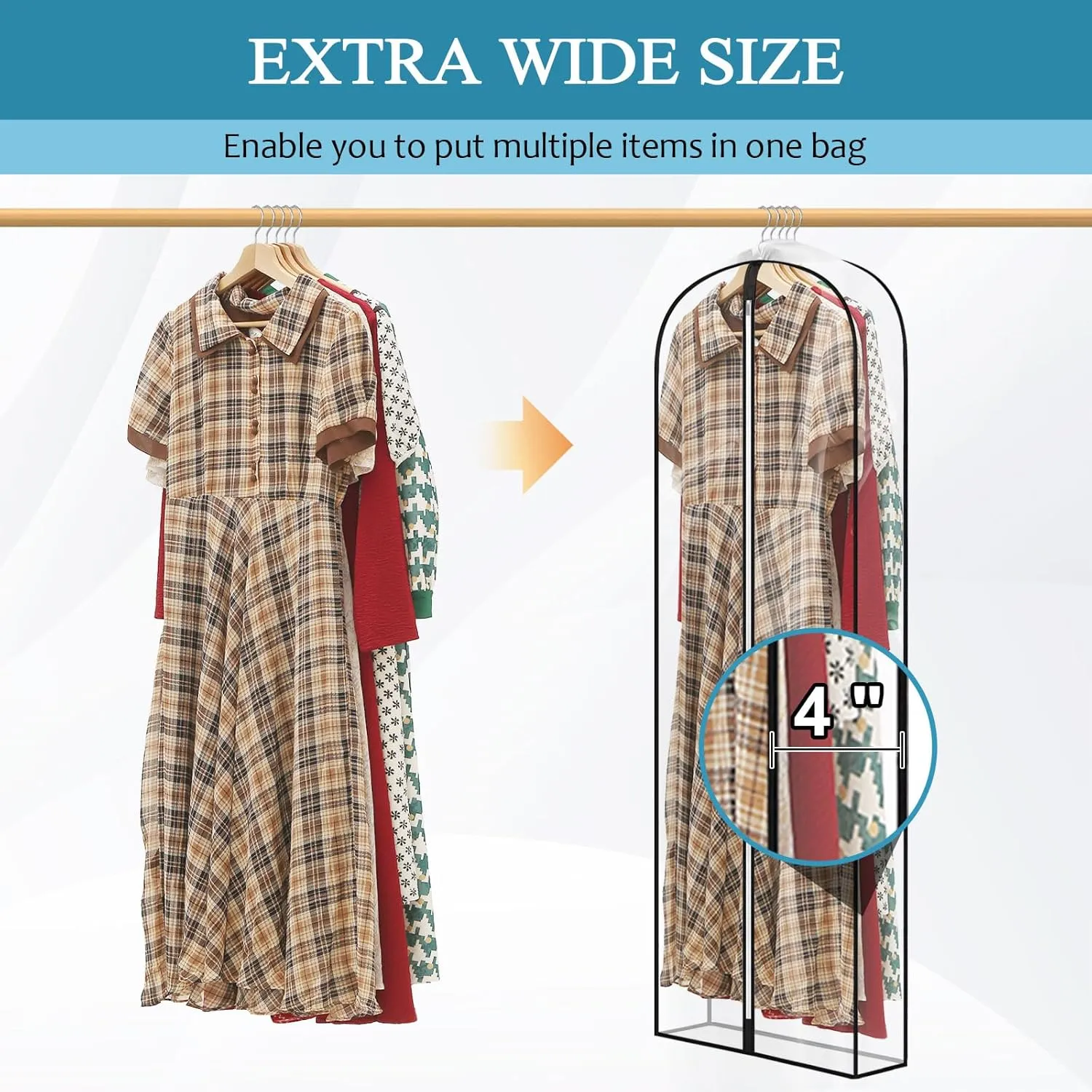 60" All Clear Dress Bags for Gowns Long, 4" Gusseted Garment Bags for Hanging Clothes, Womens Dress Garment Bag with Zipper for Skirts, Wedding Dresses, Winter Fur Coats, 4 Packs