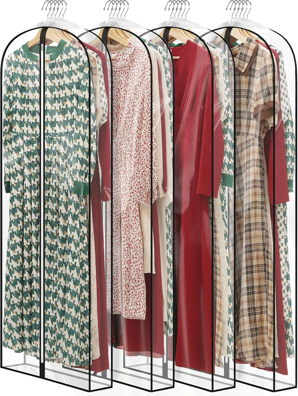 60" All Clear Dress Bags for Gowns Long, 4" Gusseted Garment Bags for Hanging Clothes, Womens Dress Garment Bag with Zipper for Skirts, Wedding Dresses, Winter Fur Coats, 4 Packs