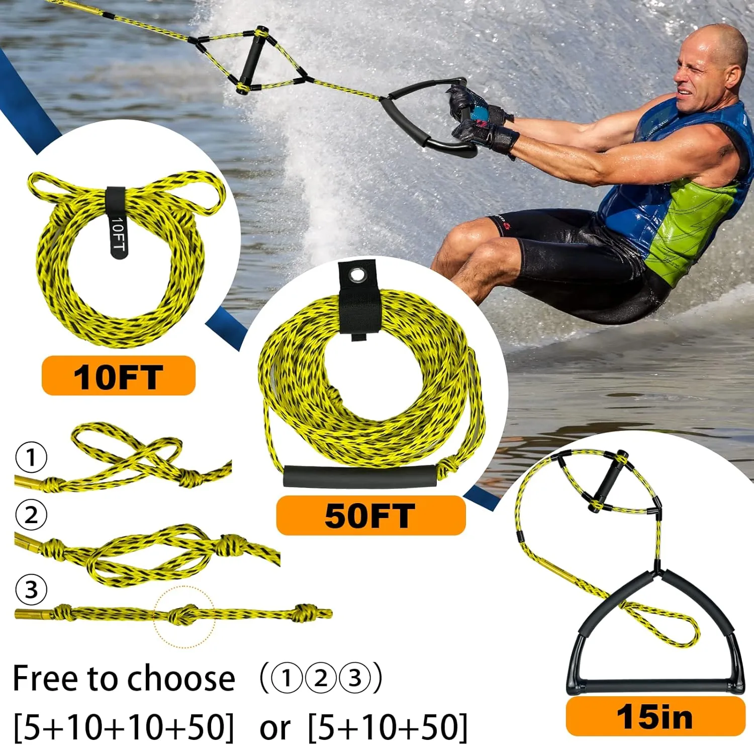 75FT Water Ski Rope with 15in Handles & 6.3in Small Handle Tow Rope for Tubing for 4 Sections,Suitable Forwatersports Rope for Wakeboard, Kneeboard, and Water Skiing