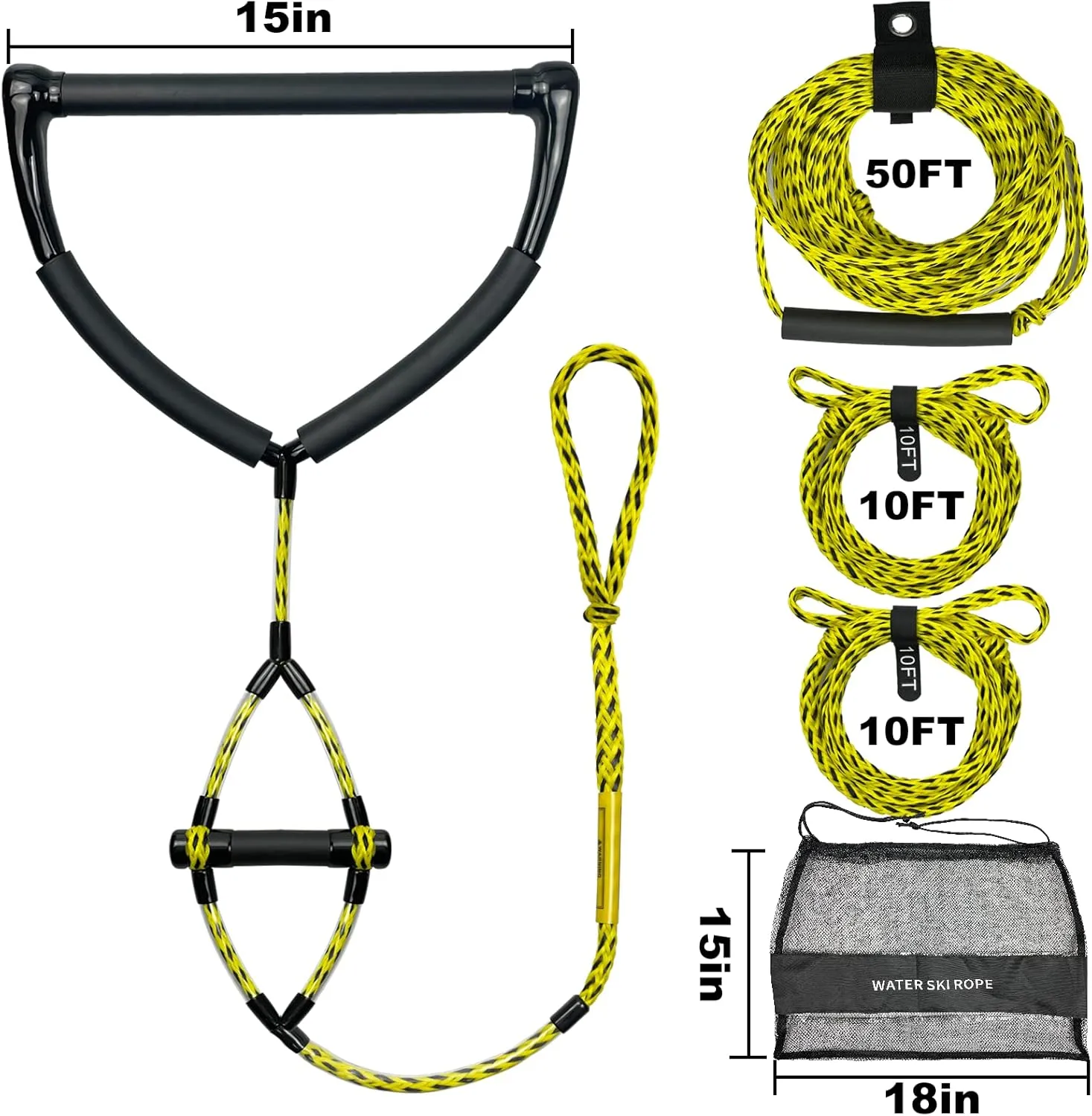 75FT Water Ski Rope with 15in Handles & 6.3in Small Handle Tow Rope for Tubing for 4 Sections,Suitable Forwatersports Rope for Wakeboard, Kneeboard, and Water Skiing