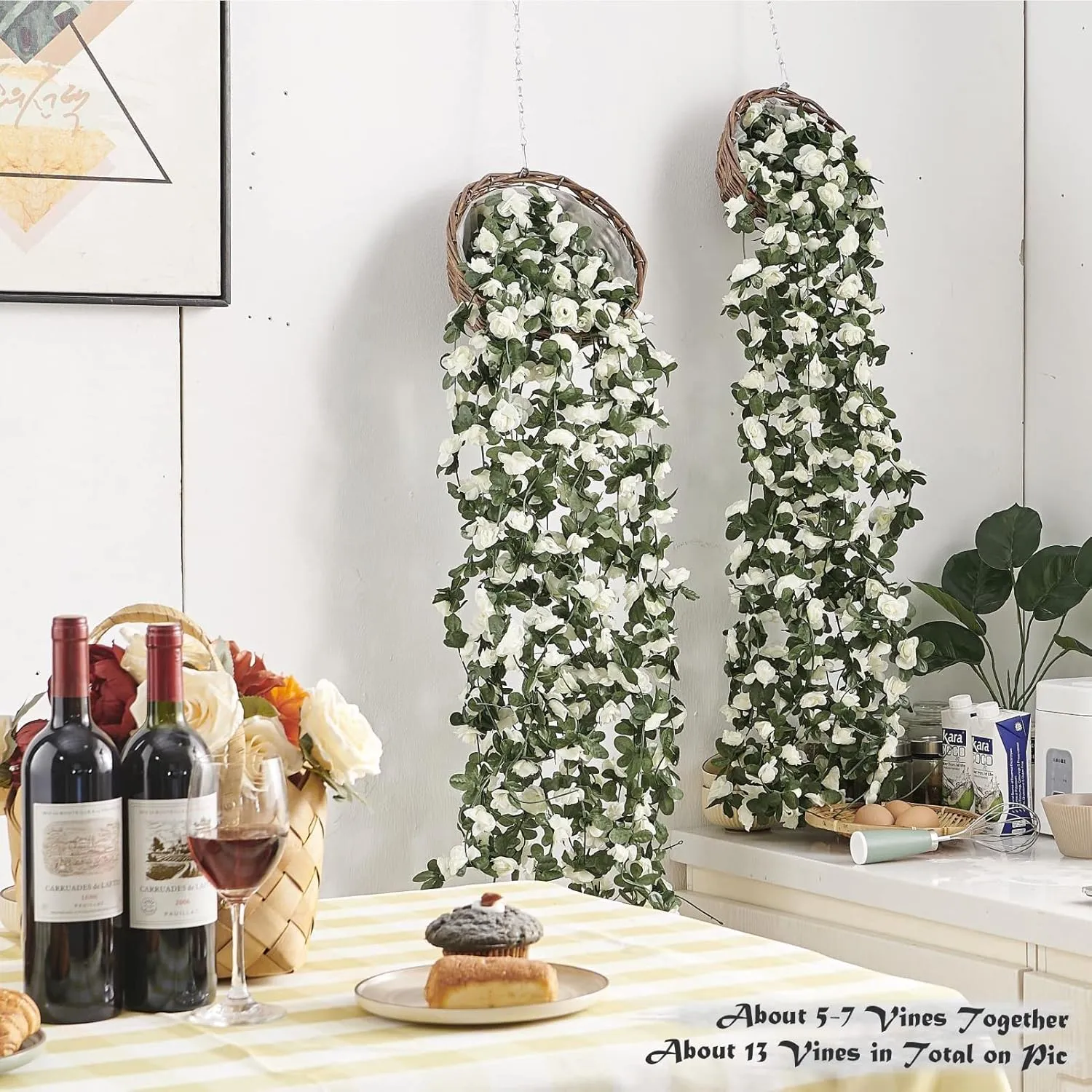 8 Pcs 66FT Flower Garland, Artificial Rose Vine Flowers with Green Leaves, Hanging Fake Roses Vine for Room Anniversary Wedding Birthday Christmas Wall Arch Decor, Spring White Flower