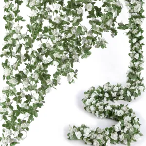 8 Pcs 66FT Flower Garland, Artificial Rose Vine Flowers with Green Leaves, Hanging Fake Roses Vine for Room Anniversary Wedding Birthday Christmas Wall Arch Decor, Spring White Flower