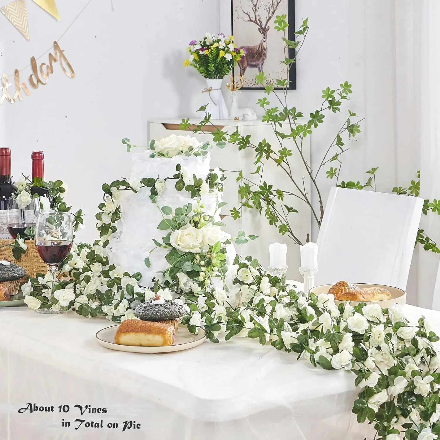 8 Pcs 66FT Flower Garland, Artificial Rose Vine Flowers with Green Leaves, Hanging Fake Roses Vine for Room Anniversary Wedding Birthday Christmas Wall Arch Decor, Spring White Flower