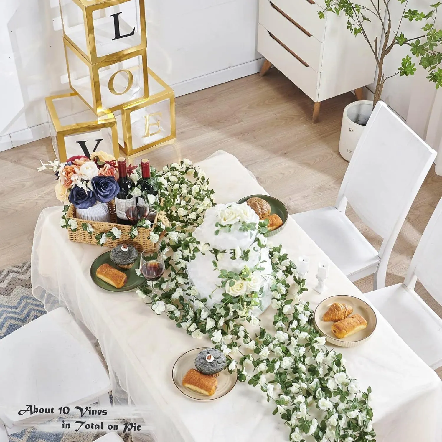 8 Pcs 66FT Flower Garland, Artificial Rose Vine Flowers with Green Leaves, Hanging Fake Roses Vine for Room Anniversary Wedding Birthday Christmas Wall Arch Decor, Spring White Flower