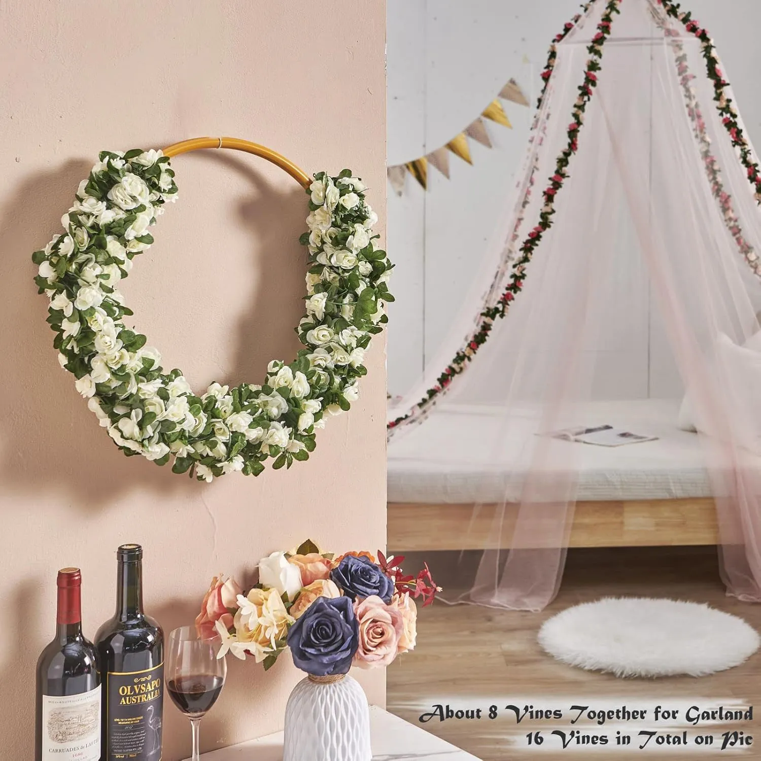 8 Pcs 66FT Flower Garland, Artificial Rose Vine Flowers with Green Leaves, Hanging Fake Roses Vine for Room Anniversary Wedding Birthday Christmas Wall Arch Decor, Spring White Flower