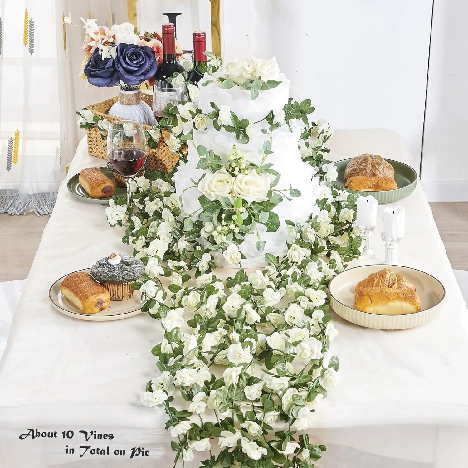 8 Pcs 66FT Flower Garland, Artificial Rose Vine Flowers with Green Leaves, Hanging Fake Roses Vine for Room Anniversary Wedding Birthday Christmas Wall Arch Decor, Spring White Flower