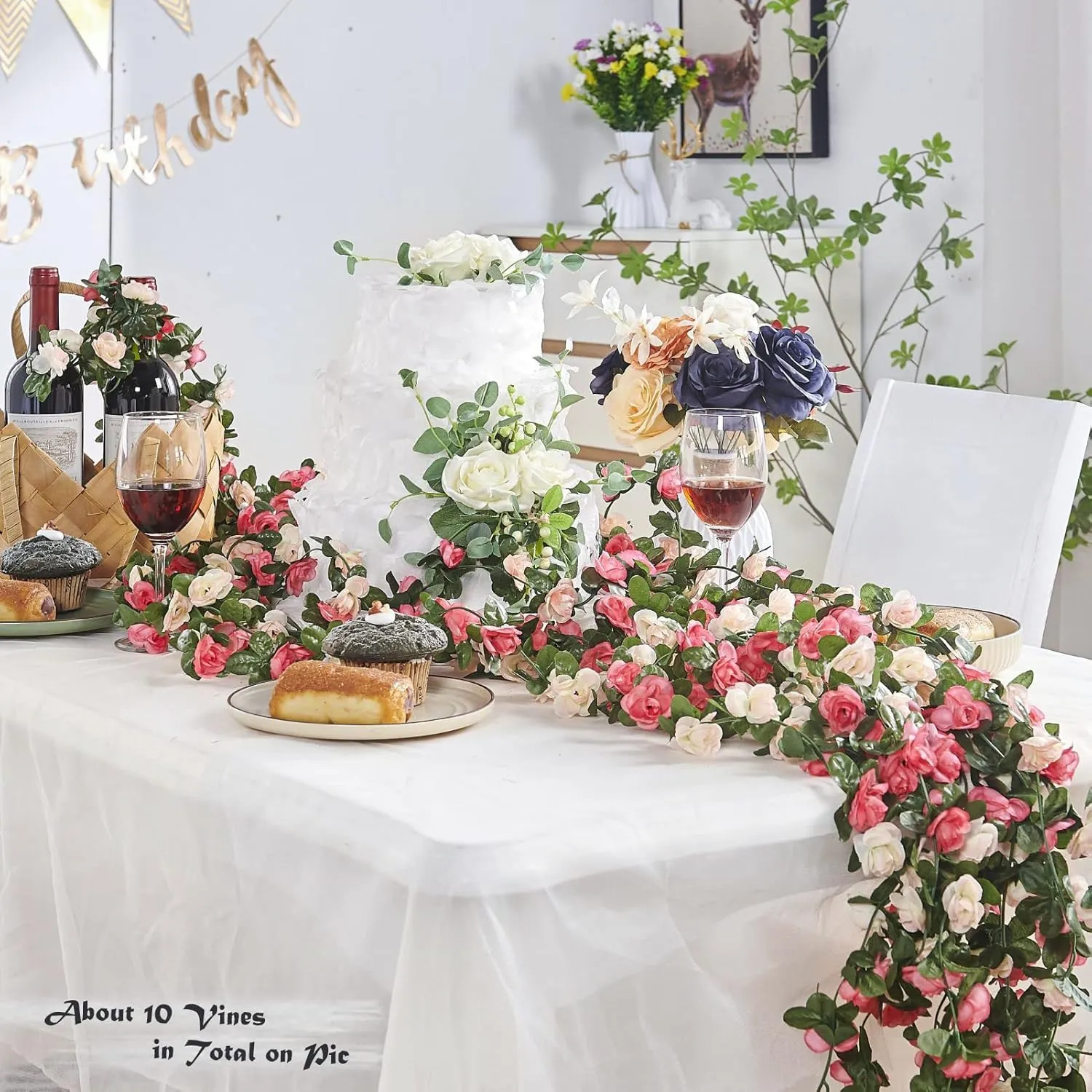 8 Pcs 66FT Flower Garland, Artificial Rose Vine Flowers with Green Leaves Hanging for Room, Anniversary Wedding Birthday Christmas Wall Arch Decor, Spring Pink Flower