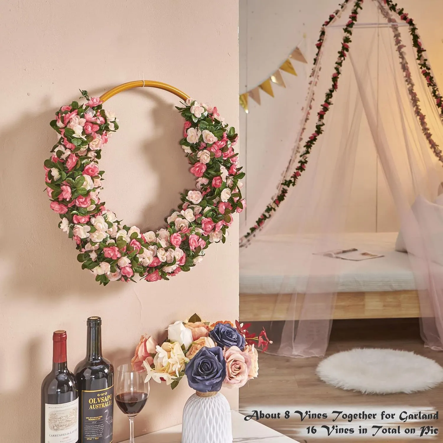 8 Pcs 66FT Flower Garland, Artificial Rose Vine Flowers with Green Leaves Hanging for Room, Anniversary Wedding Birthday Christmas Wall Arch Decor, Spring Pink Flower