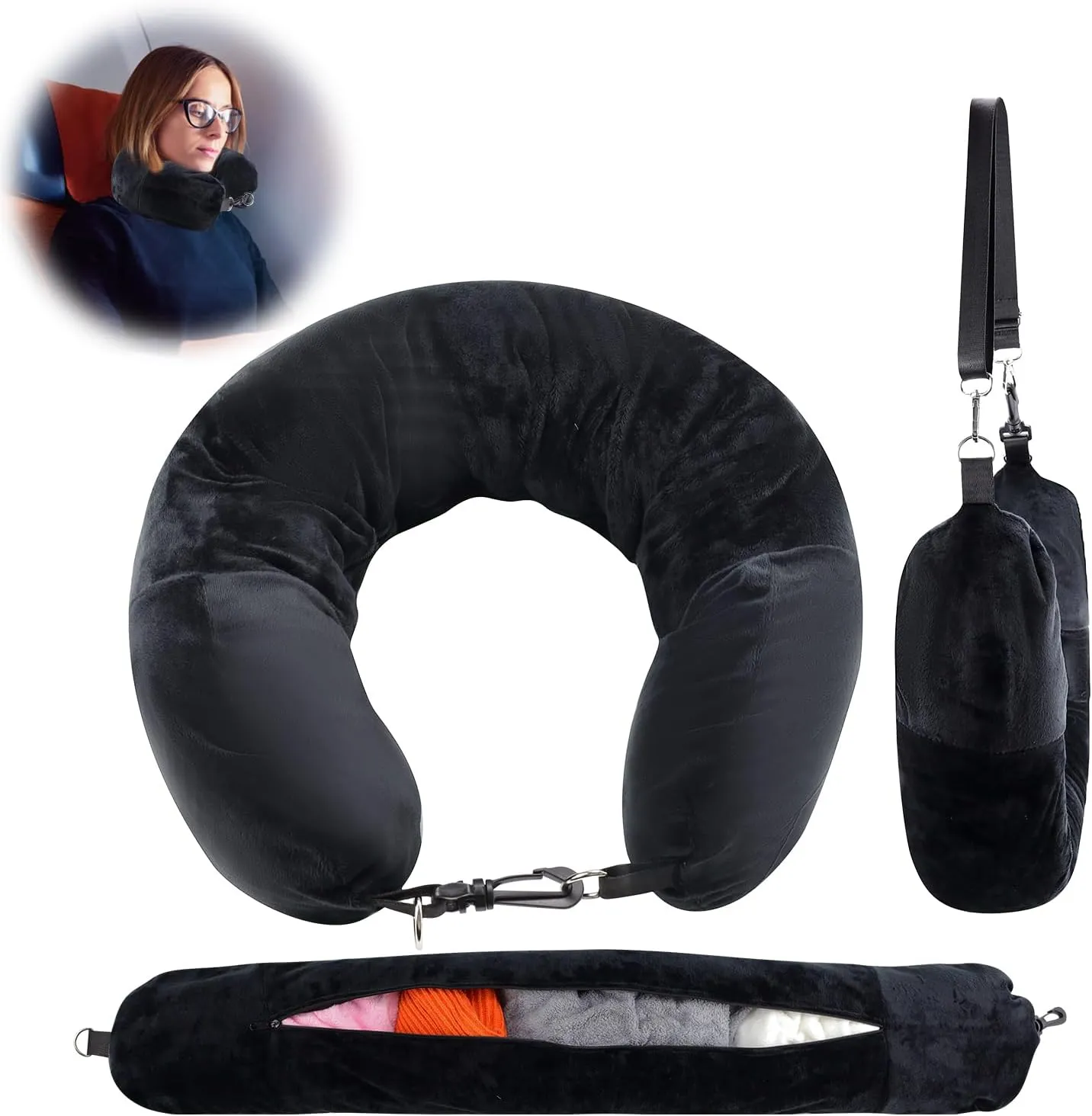 Abnaok Travel Neck Pillow Stuffable with Clothes, Stuffable Neck Pillow for Travel, Fillable Travel Pillow Storage Bag, Soft Velvet Neck Pillow Case Cover, Packable for Airplane Travel Essentials