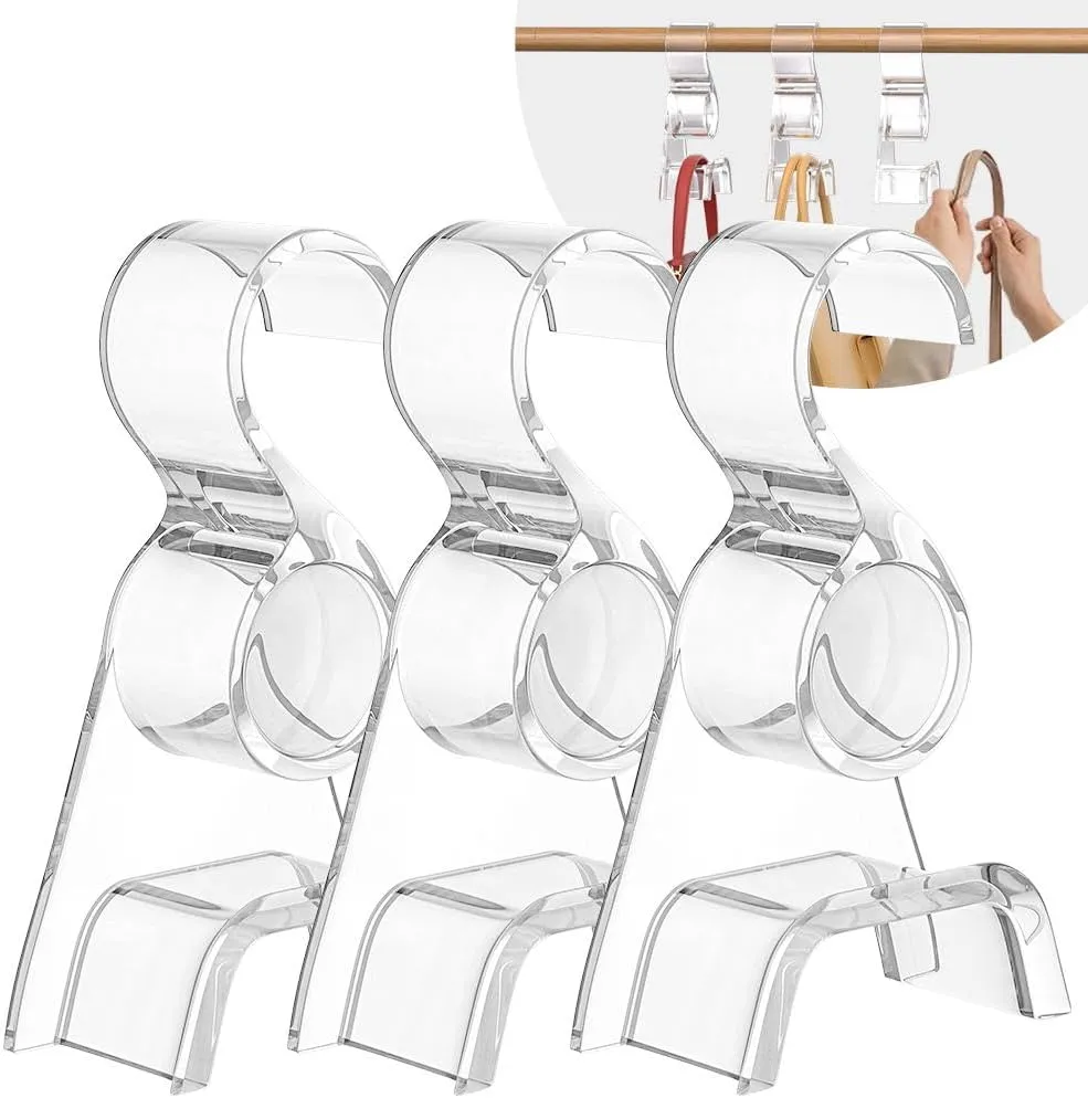 Acrylic Purse Hanger for Closet 3 Pcs，New Luxury Bag Purse Hanger Closet, Handbag Organizer Hooks for Hanging Bags & Purses, Protecting Bag Shape & Organizing Space (Clear)