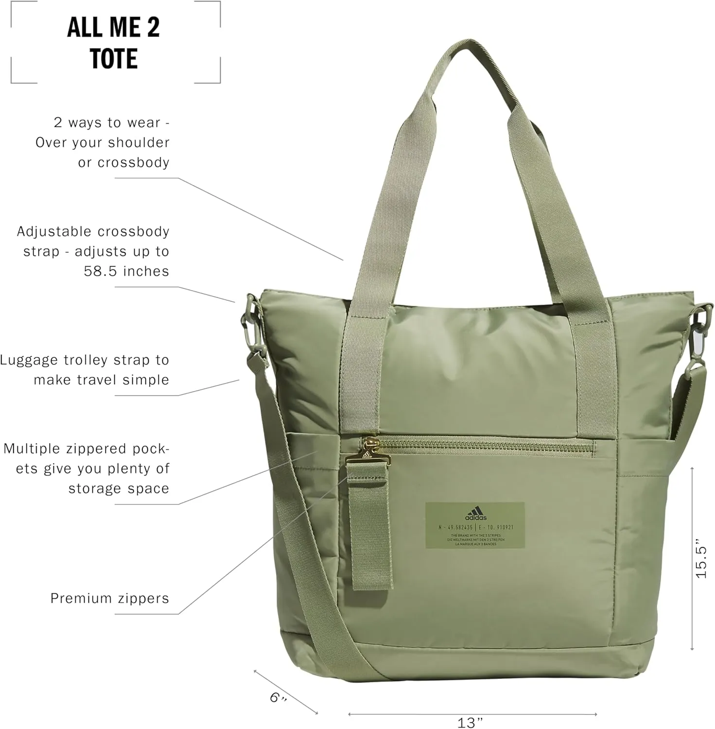adidas Women, Large Tote, Gym Bag with Shoulder Strap, Tent Green/Gold Metallic/2.0
