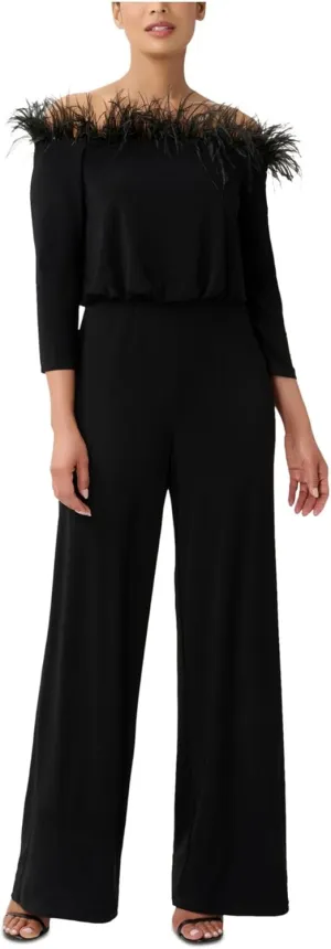 Adrianna Papell Womens Feather Trim Jersey Jumpsuit