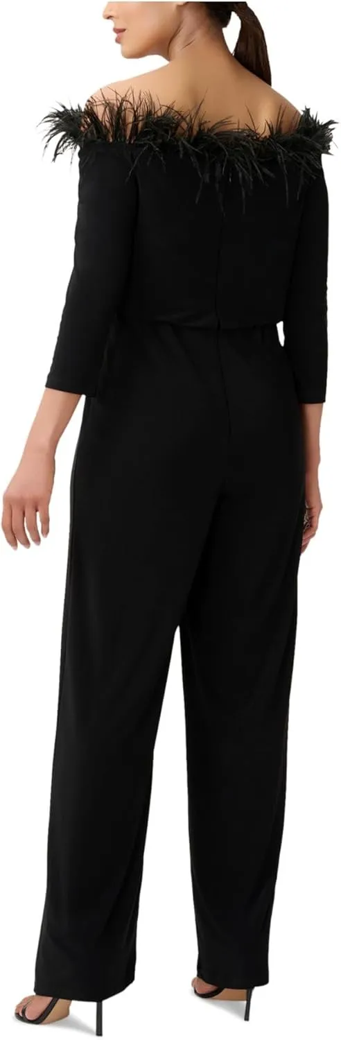 Adrianna Papell Womens Feather Trim Jersey Jumpsuit