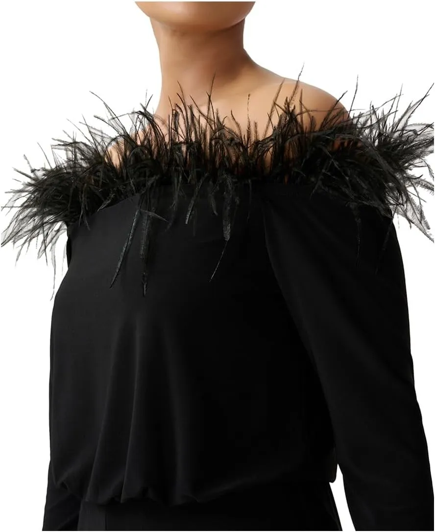 Adrianna Papell Womens Feather Trim Jersey Jumpsuit