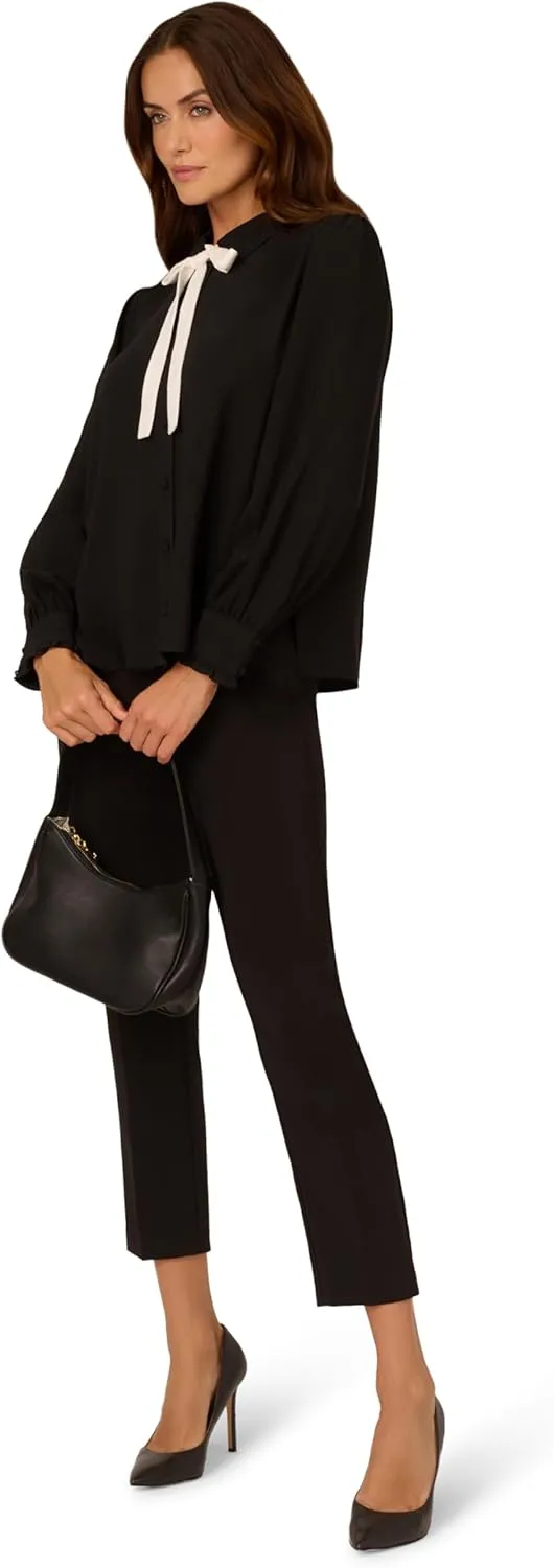 Adrianna Papell Women's Long Sleeve Woven Button Front Top with Contrast Neck Tie