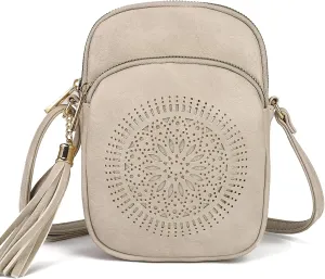 AFKOMST Small Crossbody Bag and Boho Cell Phone Purse for Women,Faux Leather Shoulder Handbag with Tassel,Triple Zip