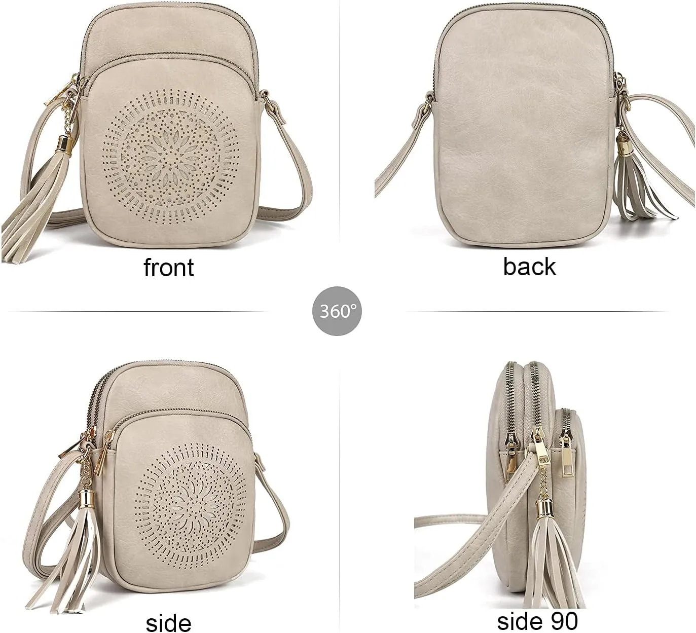 AFKOMST Small Crossbody Bag and Boho Cell Phone Purse for Women,Faux Leather Shoulder Handbag with Tassel,Triple Zip