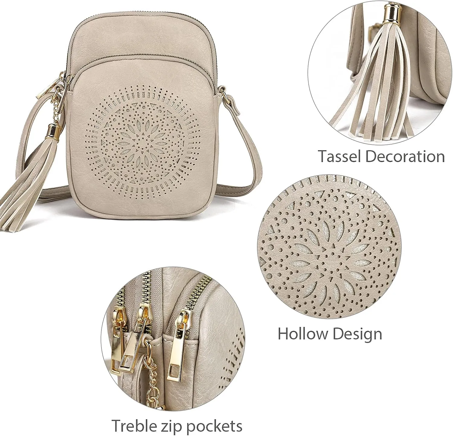 AFKOMST Small Crossbody Bag and Boho Cell Phone Purse for Women,Faux Leather Shoulder Handbag with Tassel,Triple Zip