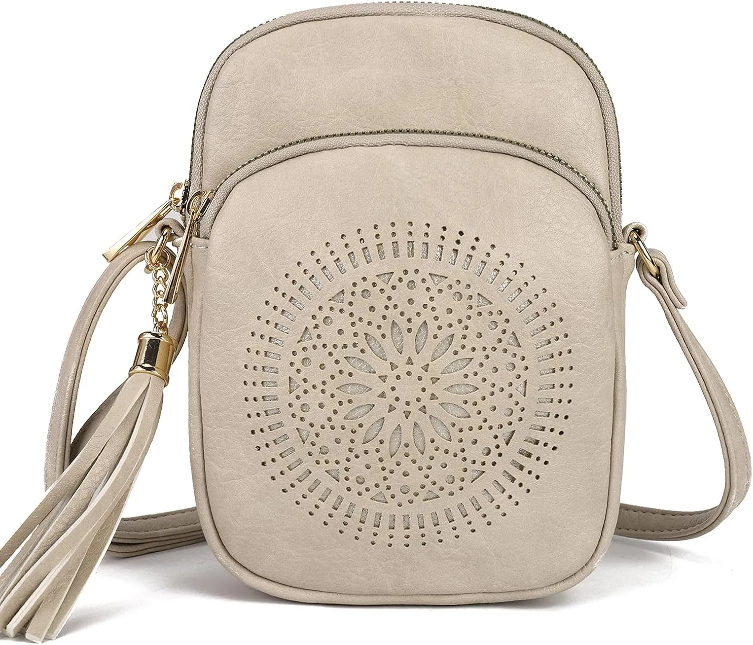 AFKOMST Small Crossbody Bag and Boho Cell Phone Purse for Women,Faux Leather Shoulder Handbag with Tassel,Triple Zip