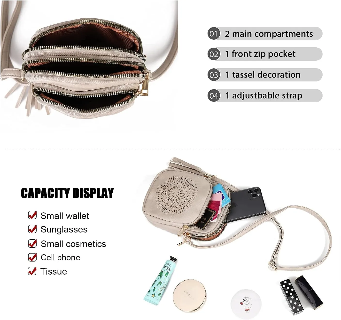 AFKOMST Small Crossbody Bag and Boho Cell Phone Purse for Women,Faux Leather Shoulder Handbag with Tassel,Triple Zip