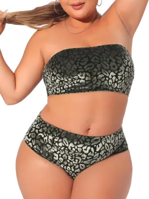 Agnes Orinda Plus Size 2 Piece Bandeau Bikini for Women Velvet Leopard Swimsuit High Waisted Bathing Suits