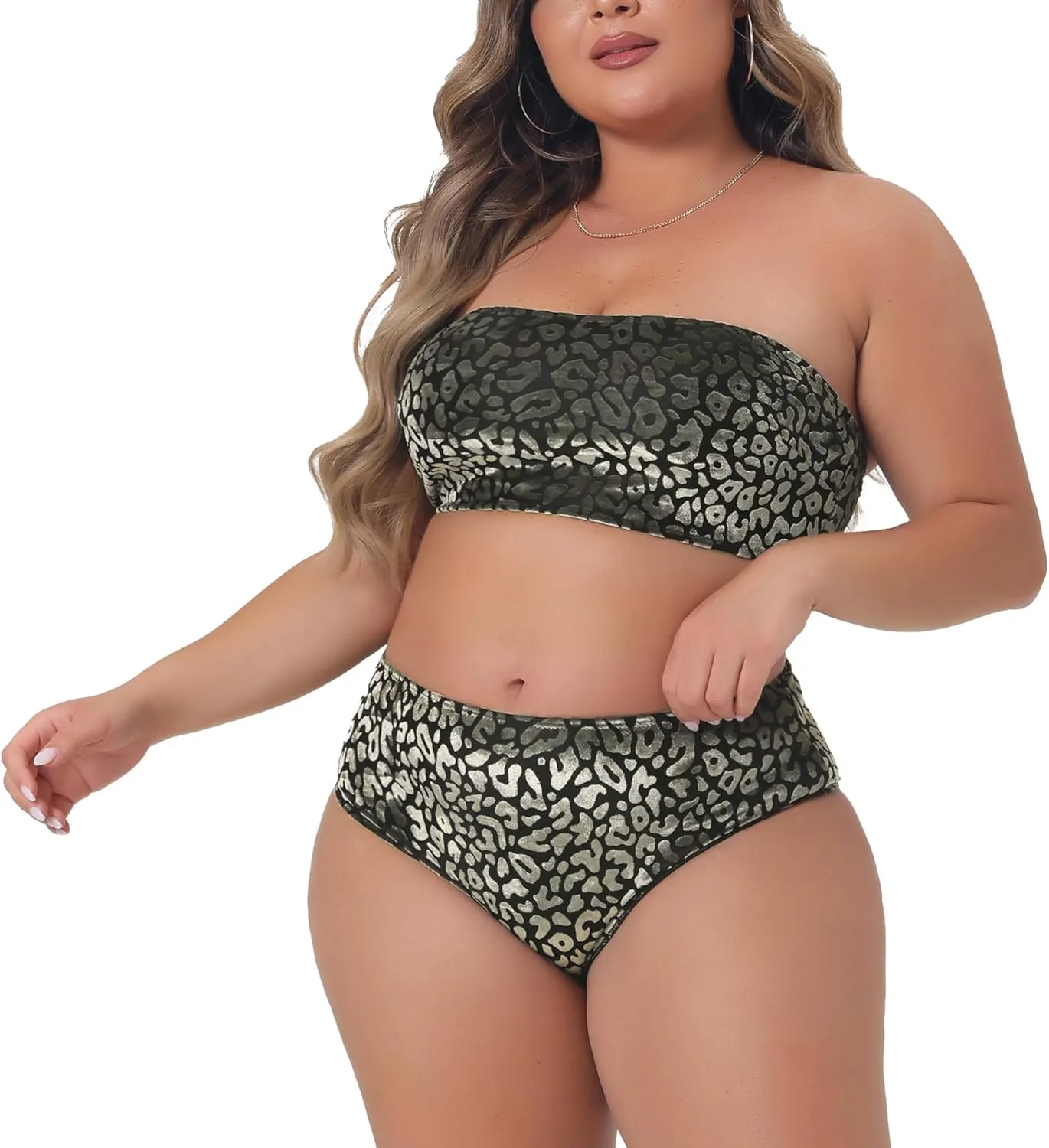 Agnes Orinda Plus Size 2 Piece Bandeau Bikini for Women Velvet Leopard Swimsuit High Waisted Bathing Suits