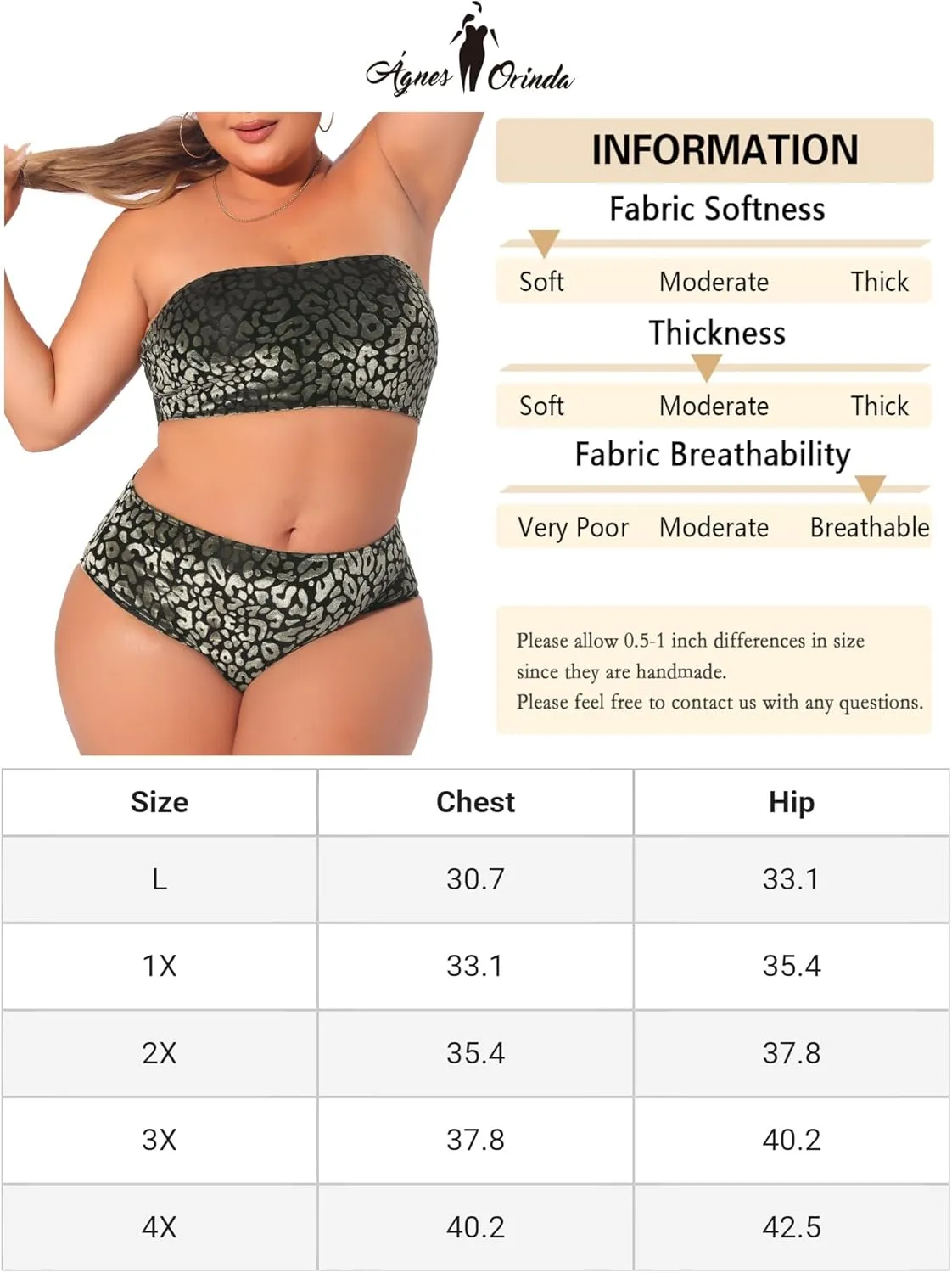 Agnes Orinda Plus Size 2 Piece Bandeau Bikini for Women Velvet Leopard Swimsuit High Waisted Bathing Suits