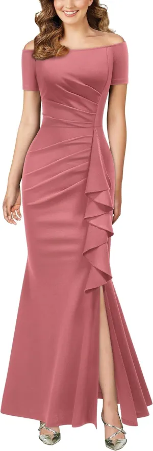 AISIZE Women's Elegant Off Shoulder Ruffle Formal Evening Long Dress