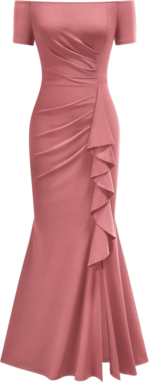 AISIZE Women's Elegant Off Shoulder Ruffle Formal Evening Long Dress