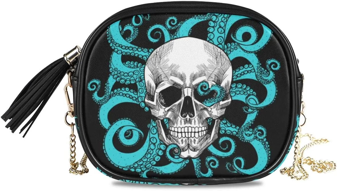 ALAZA PU Leather Small Crossbody Bag Purse Wallet Skull And Tentacles Of The Octopus Cell Phone Bags with Adjustable Chain Strap & Multi Pocket