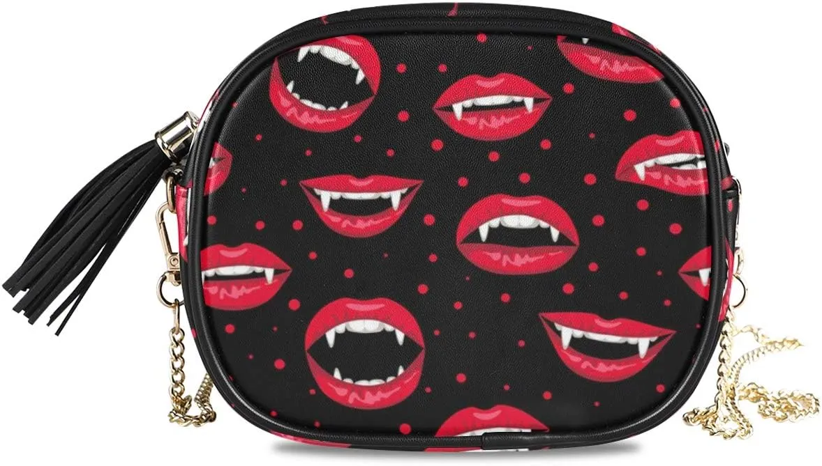 ALAZA Women's Seamless Halloween Pattern with Red Vampire Lips48 Cross Body Bag Chain Shoulder Handbag Purse with Tassel