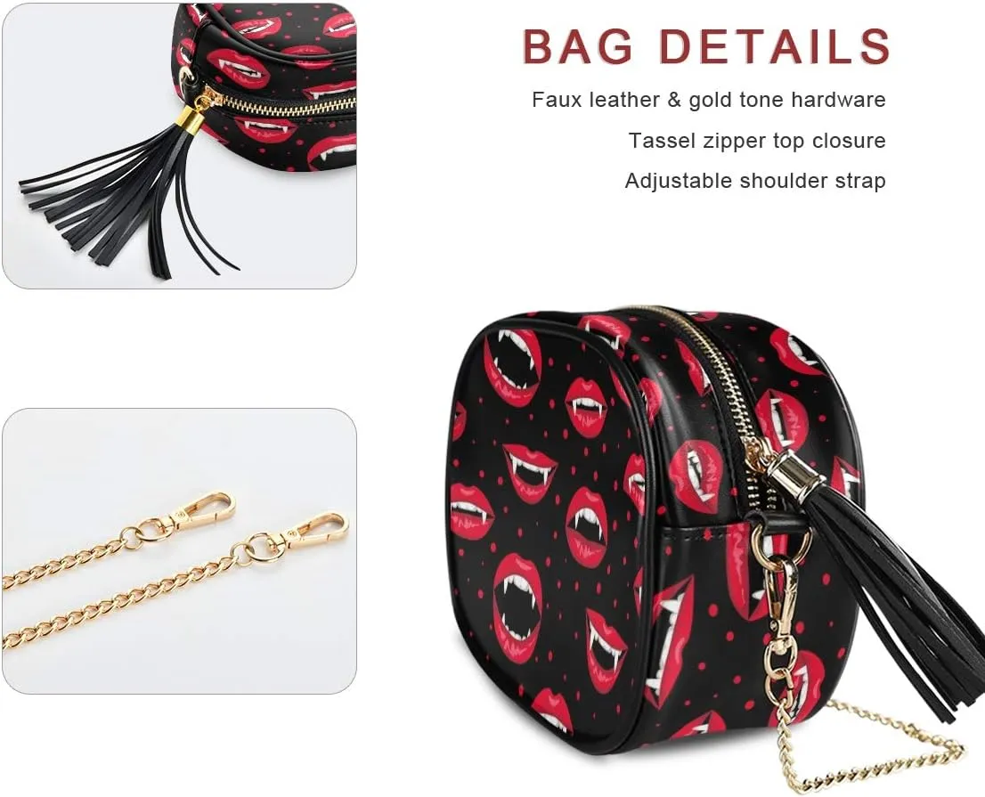 ALAZA Women's Seamless Halloween Pattern with Red Vampire Lips48 Cross Body Bag Chain Shoulder Handbag Purse with Tassel