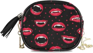 ALAZA Women's Seamless Halloween Pattern with Red Vampire Lips48 Cross Body Bag Chain Shoulder Handbag Purse with Tassel