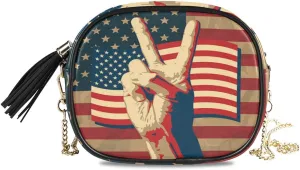 ALAZA Women's The Victory Sign With USA Flag PU Leather Crossbody Bag Shoulder Purse with Tassel