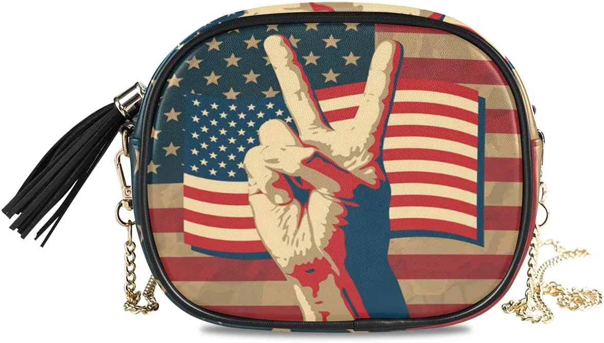 ALAZA Women's The Victory Sign With USA Flag PU Leather Crossbody Bag Shoulder Purse with Tassel