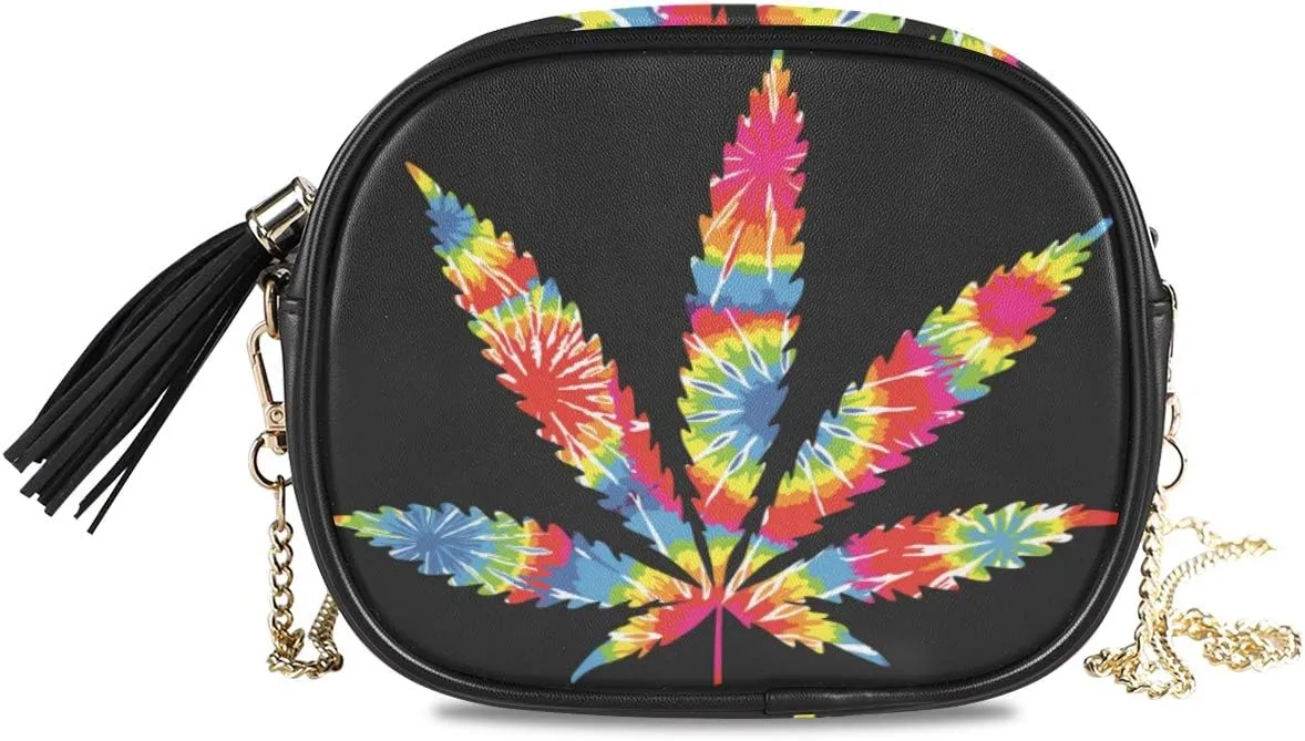 ALAZA Women's Tie Dyed Pot Leaf Cross Body Bag Chain Shoulder Handbag Purse with Tassel