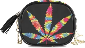 ALAZA Women's Tie Dyed Pot Leaf Cross Body Bag Chain Shoulder Handbag Purse with Tassel