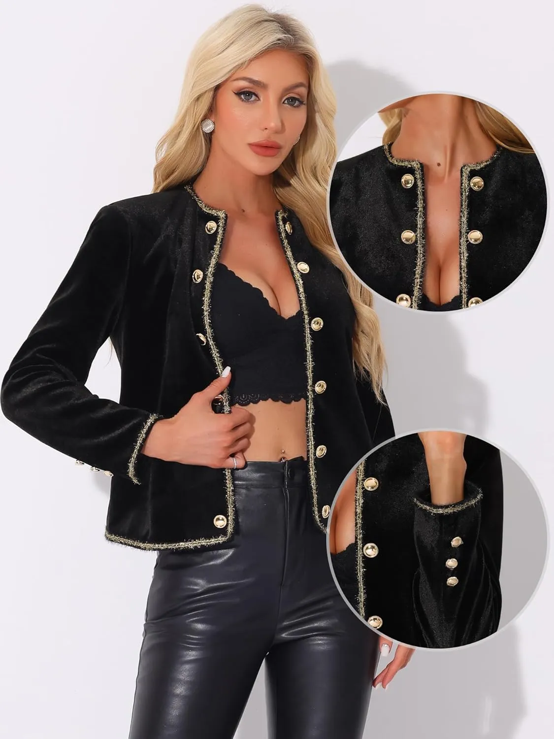 Allegra K Collarless Jacket for Women's Vintage Double Breasted Velvet Open Front Short Blazer