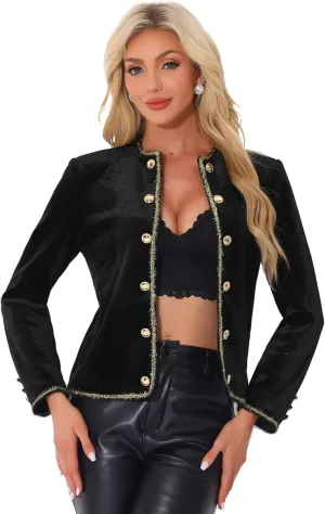 Allegra K Collarless Jacket for Women's Vintage Double Breasted Velvet Open Front Short Blazer