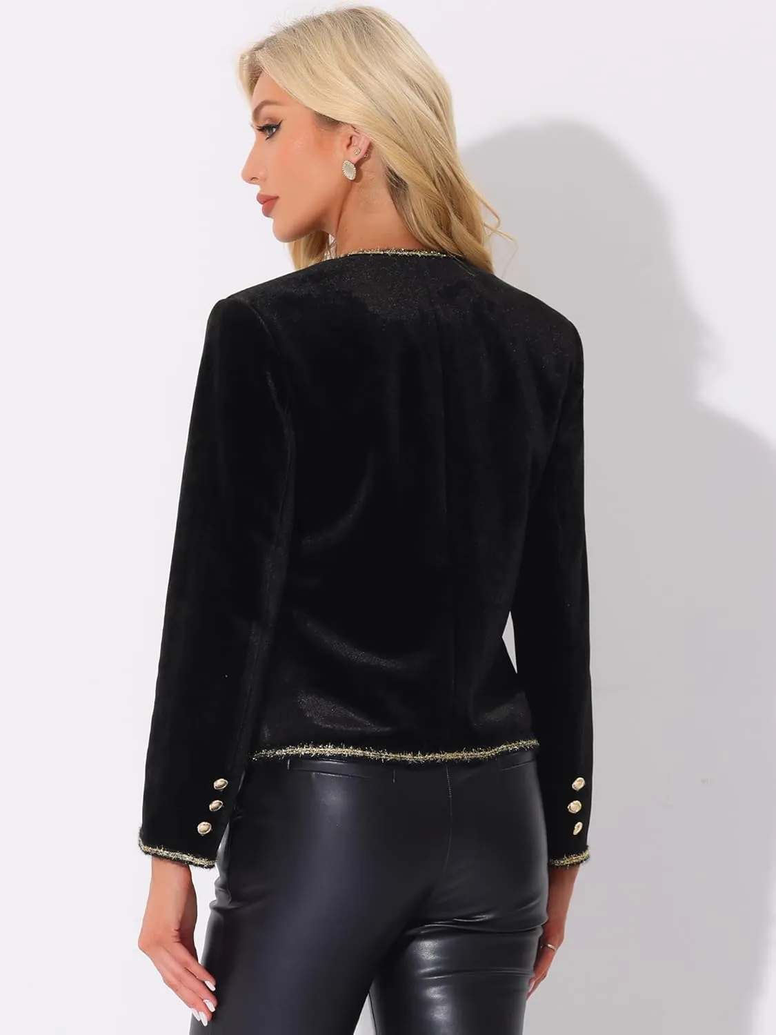 Allegra K Collarless Jacket for Women's Vintage Double Breasted Velvet Open Front Short Blazer
