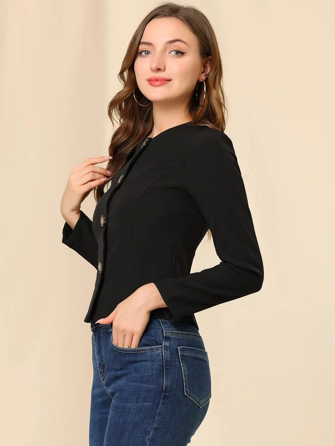 Allegra K Women's Blazers Casual Jackets Long Sleeve Button Down Cropped Blazer Work Office Business Jacket