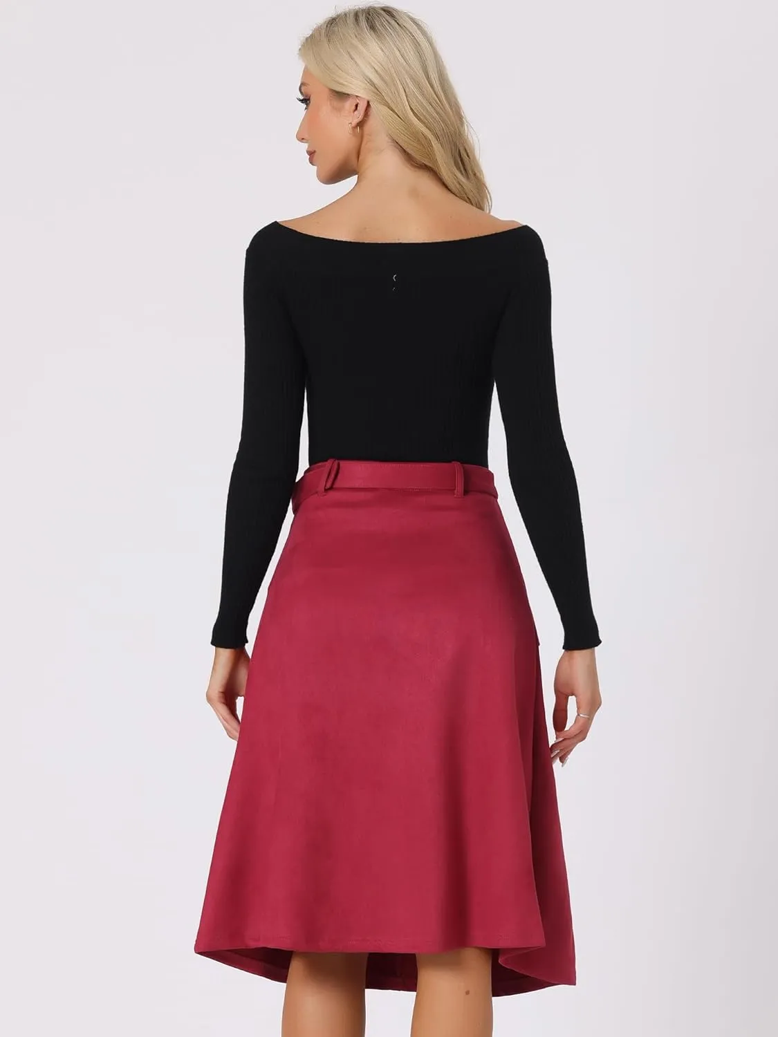 Allegra K Women's Casual Faux Suede Pockets Stretch A-line Midi Skirt with Belt